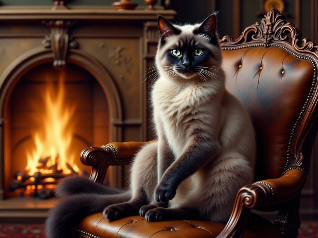 Majestic Siamese Cat on Leather Chair by Fireplace