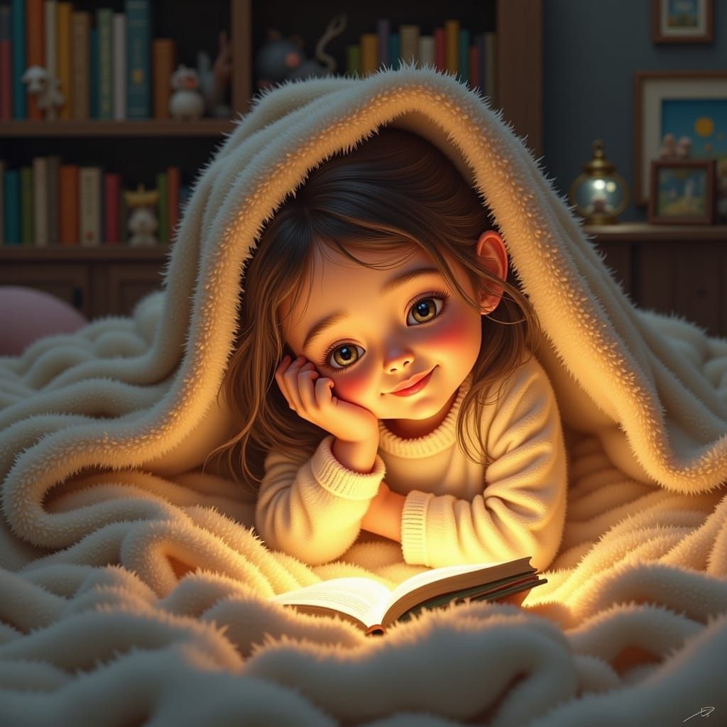Child Reading Book Under Blanket in Cozy Bedroom