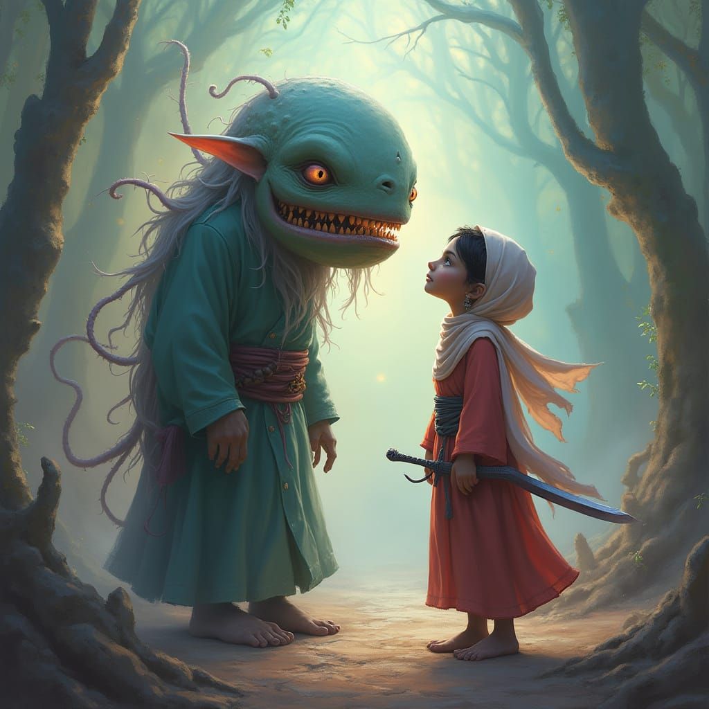 Fantastic Realm: Two-Headed Creature and Arab Girl