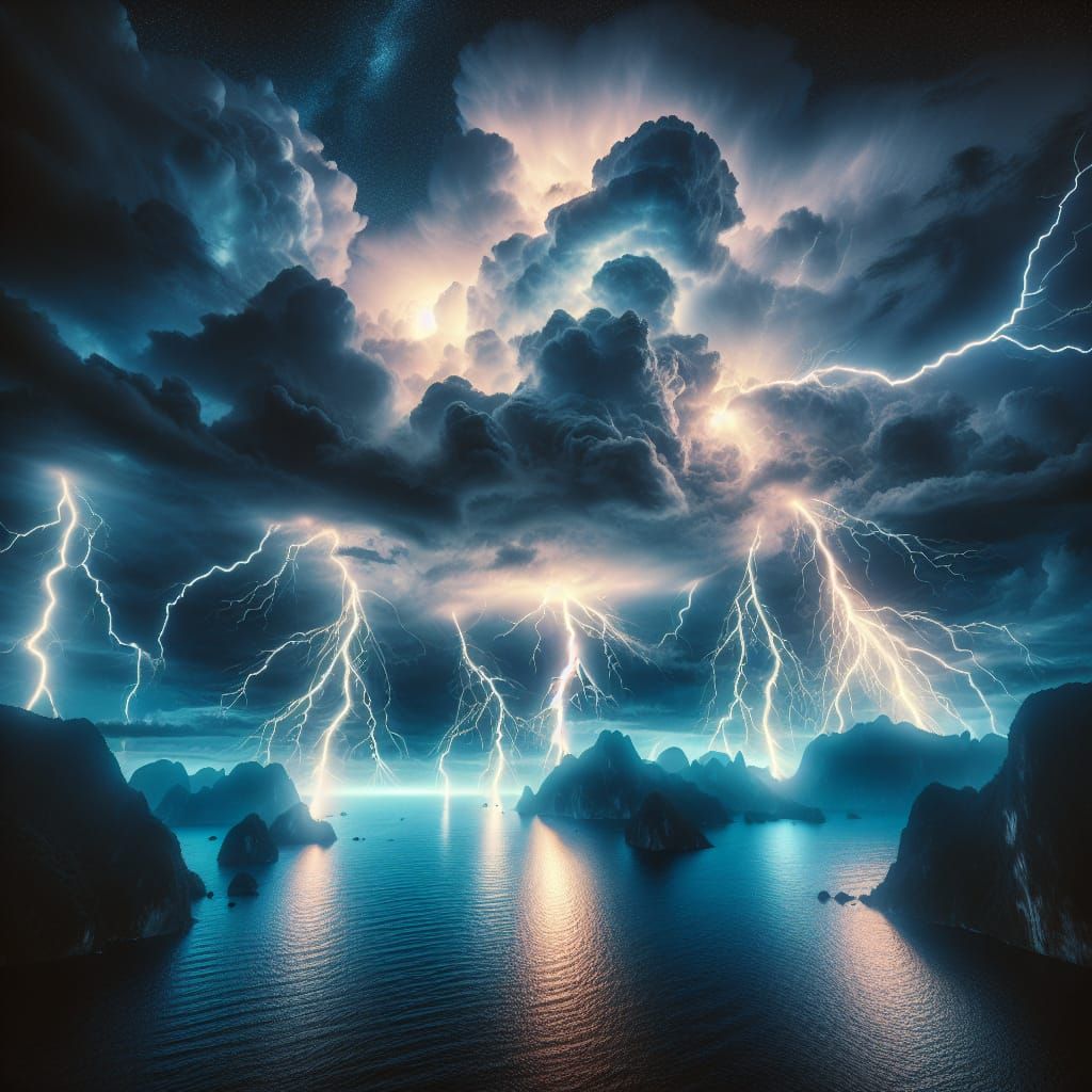 Dramatic Lightning Storm over the Sea