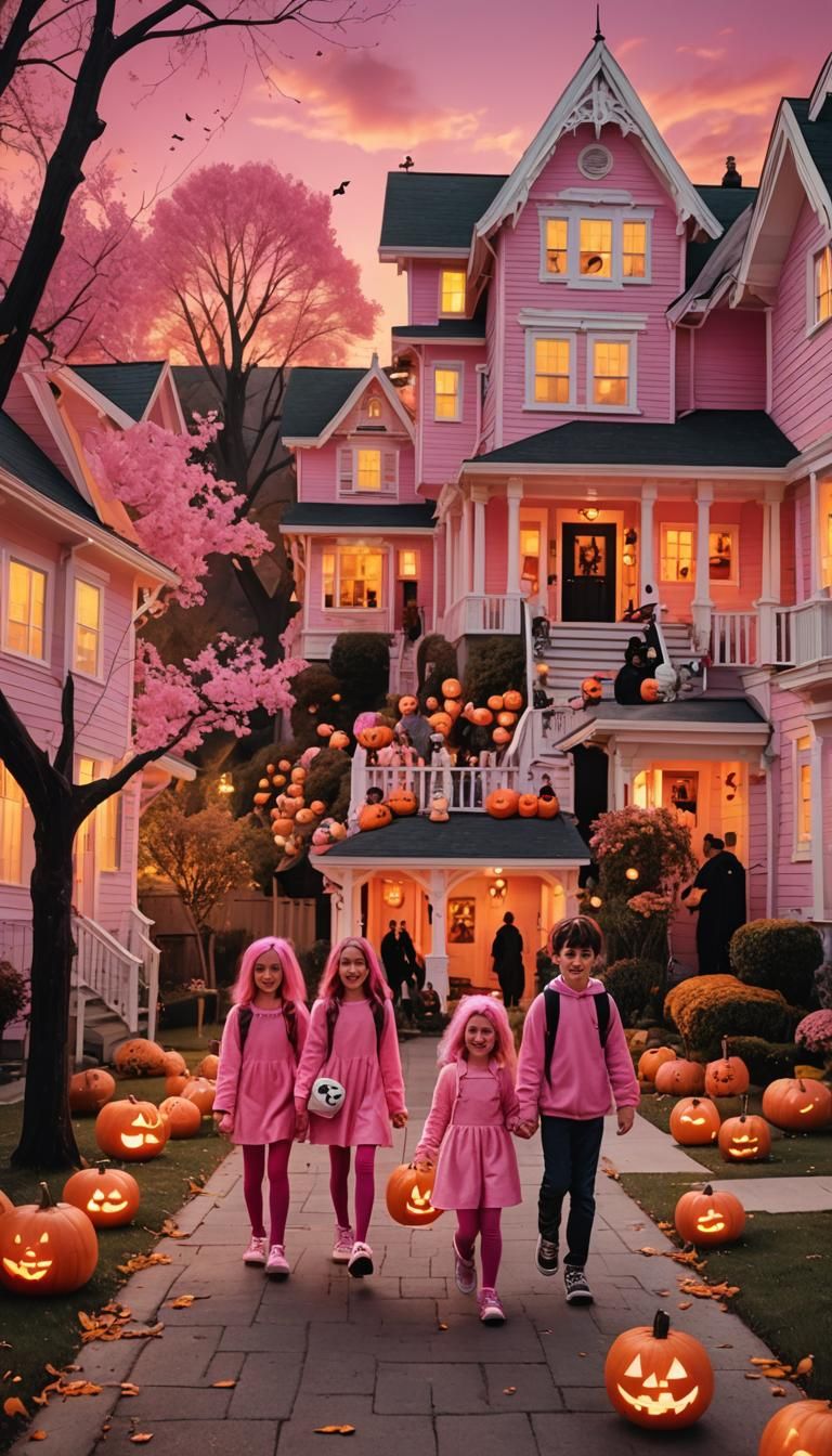 Pink Halloween Trick-or-Treaters in Pixar Style