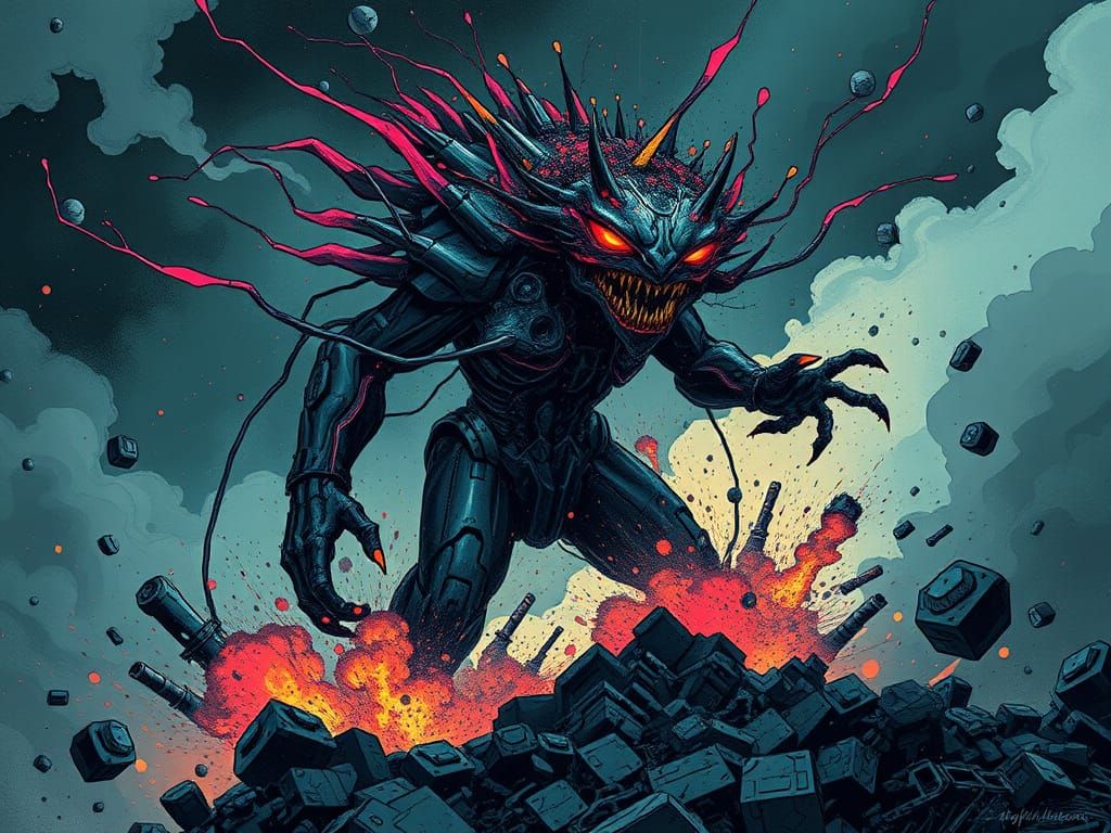 Cybernetic Monster Unleashes Chaos in a Dark, Industrial Wor...