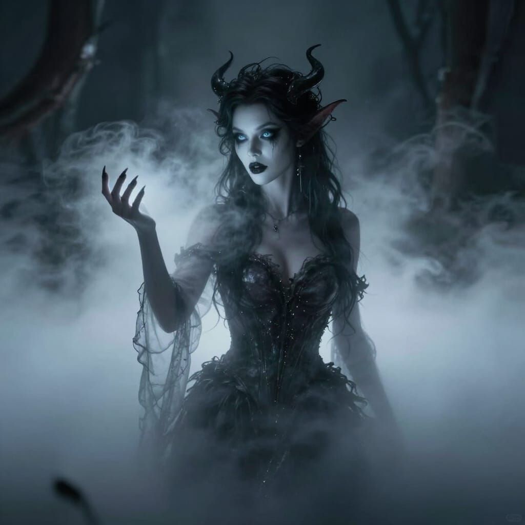 Evil Fairy Lost in Volumetric Fog with Glowing Eyes