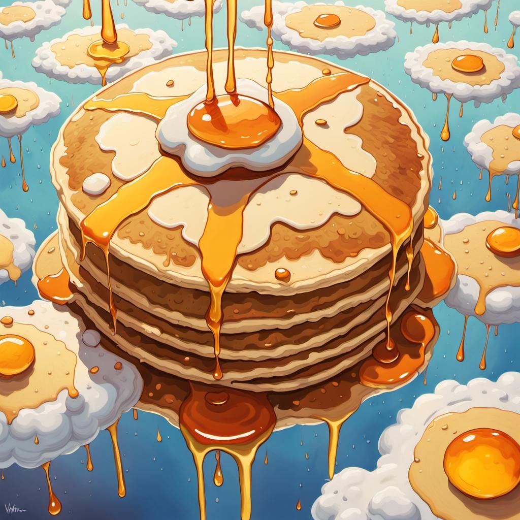 Pancake Clouds with Syrup Rain: Whimsical Oil Painting
