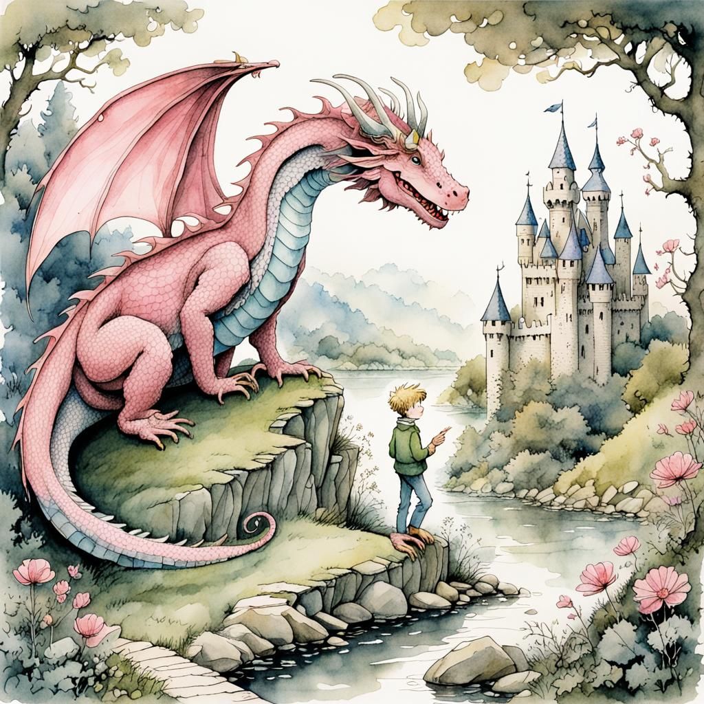 Fairy Tale Prince Conversing with Dragon Illustration