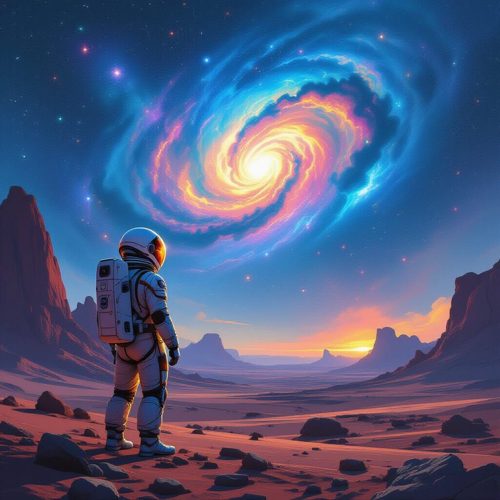 Astronaut on Alien Planet Gazing at Nebula