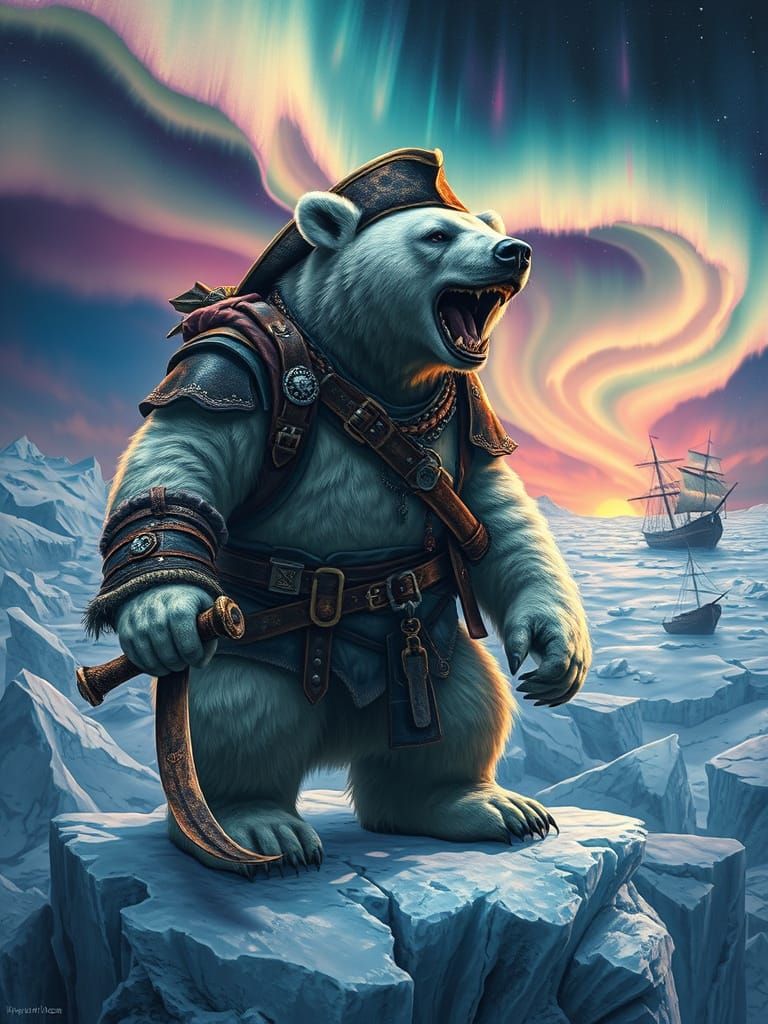 A massive polar bear, wearing a tattered pirate hat and wielding a rusty cutlass, stands on a glacier amidst a frozen la...