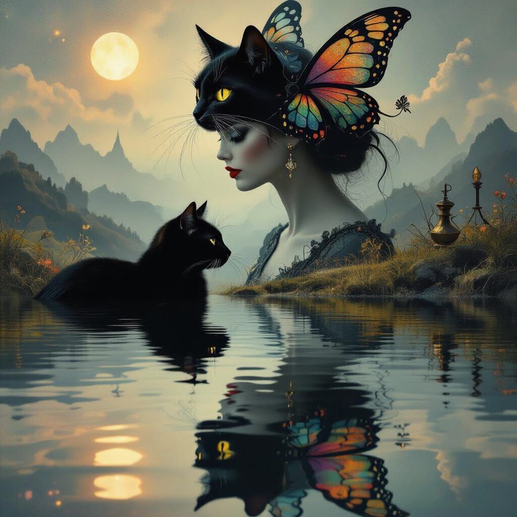 Surreal Fairy and Cat Dreamscape in Grayscale
