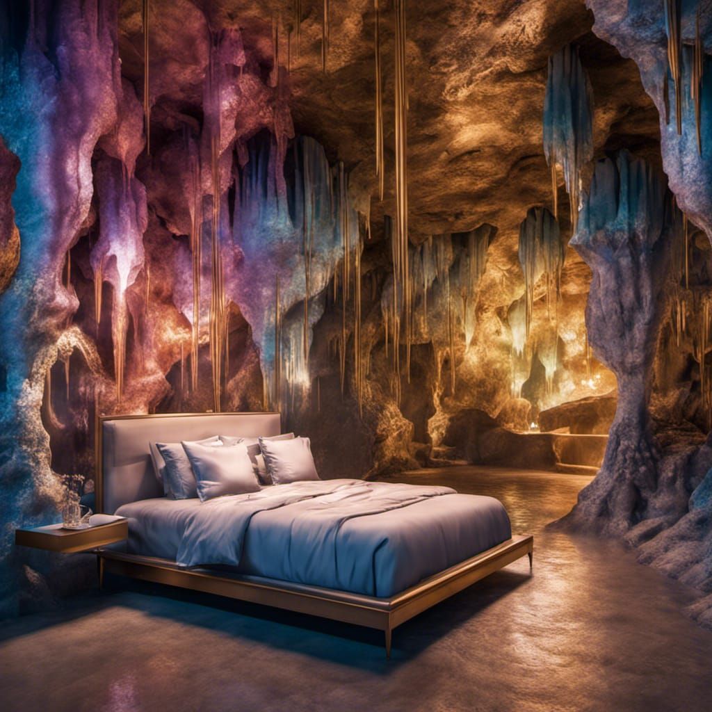Hyperrealistic Bedroom in a Glittering Cavern