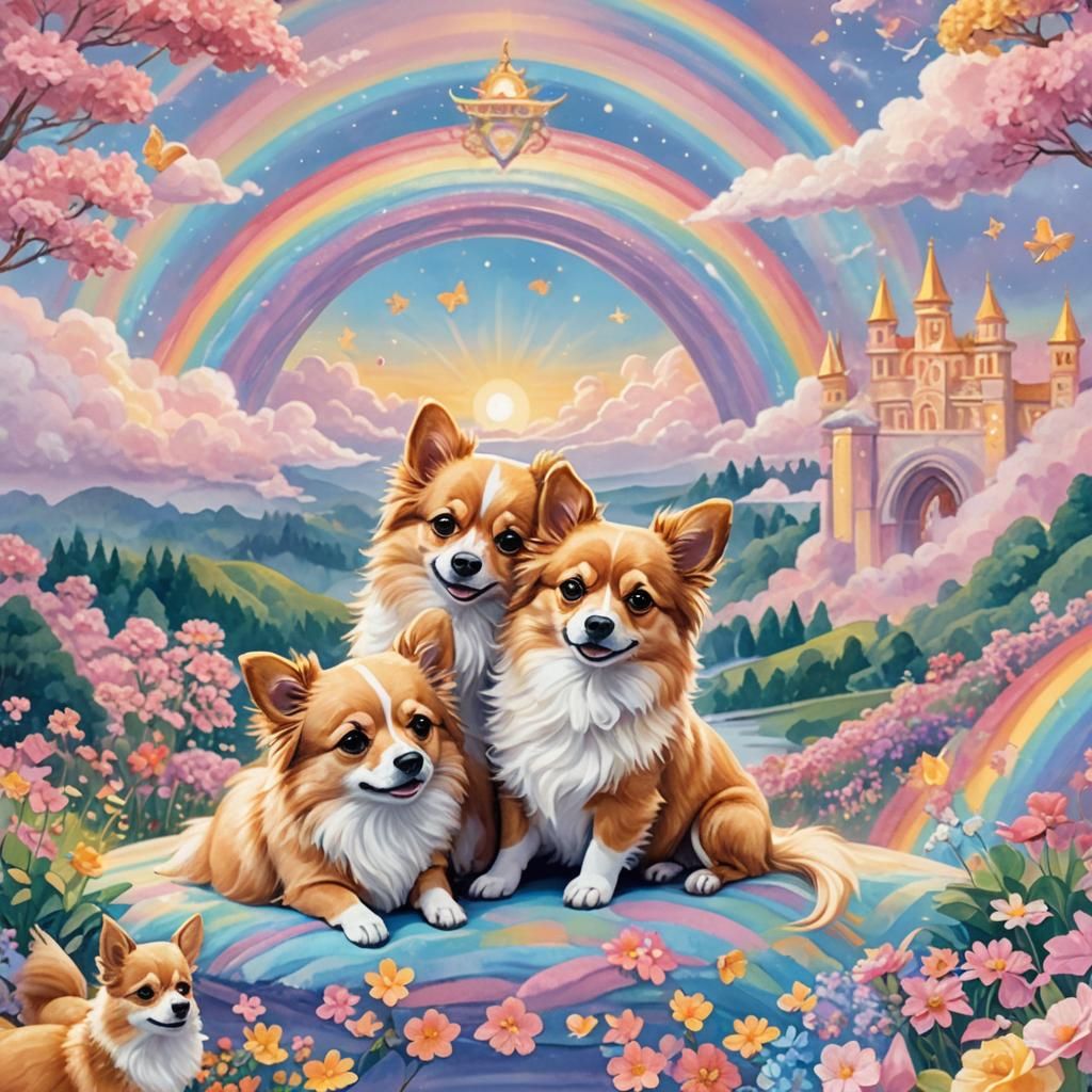 Chihuahua and Corgi Reunion on Rainbow Bridge