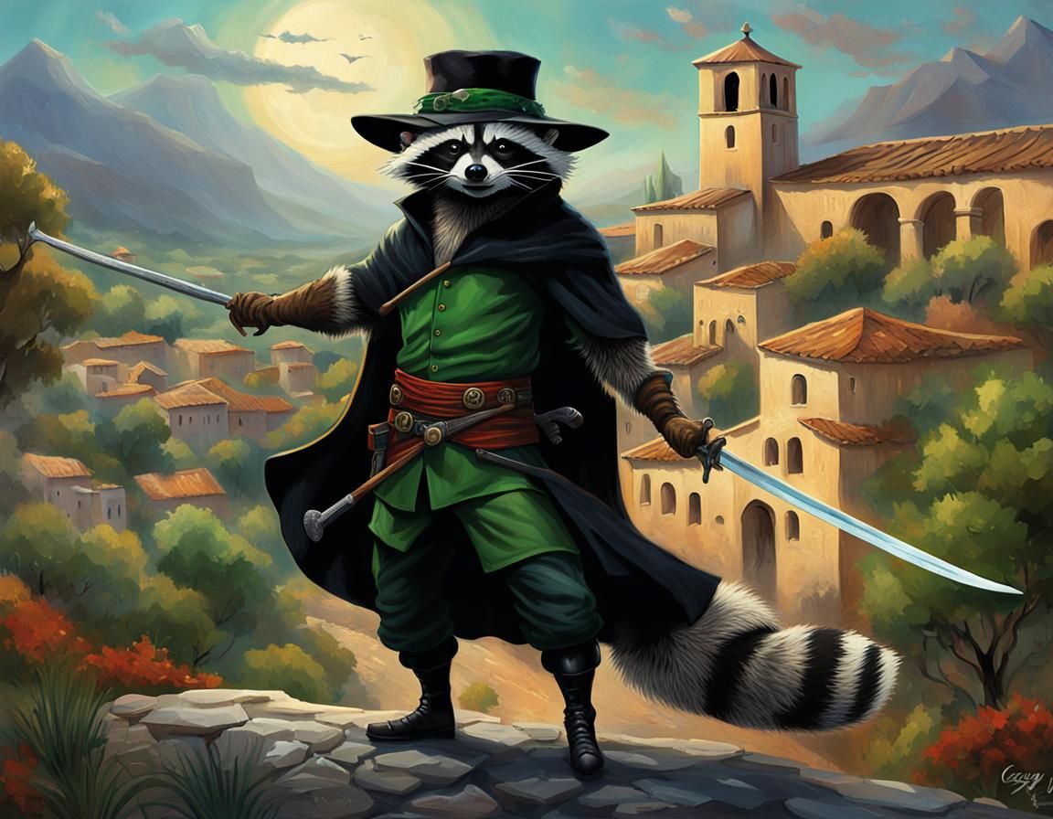Raccoon Zorro in Hyper-Detailed Dark Fantasy Concept Art