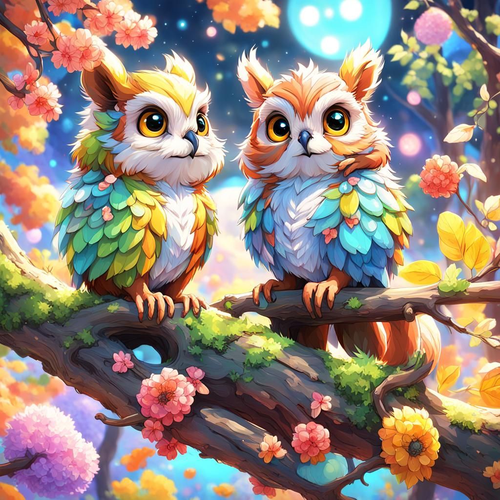Colorful Squirrel Owls in Anime Style