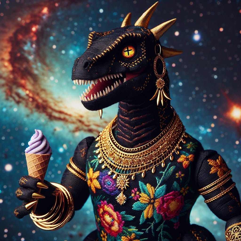 Tattooed Dinosaur Doll with Ice Cream in Cosmic Setting