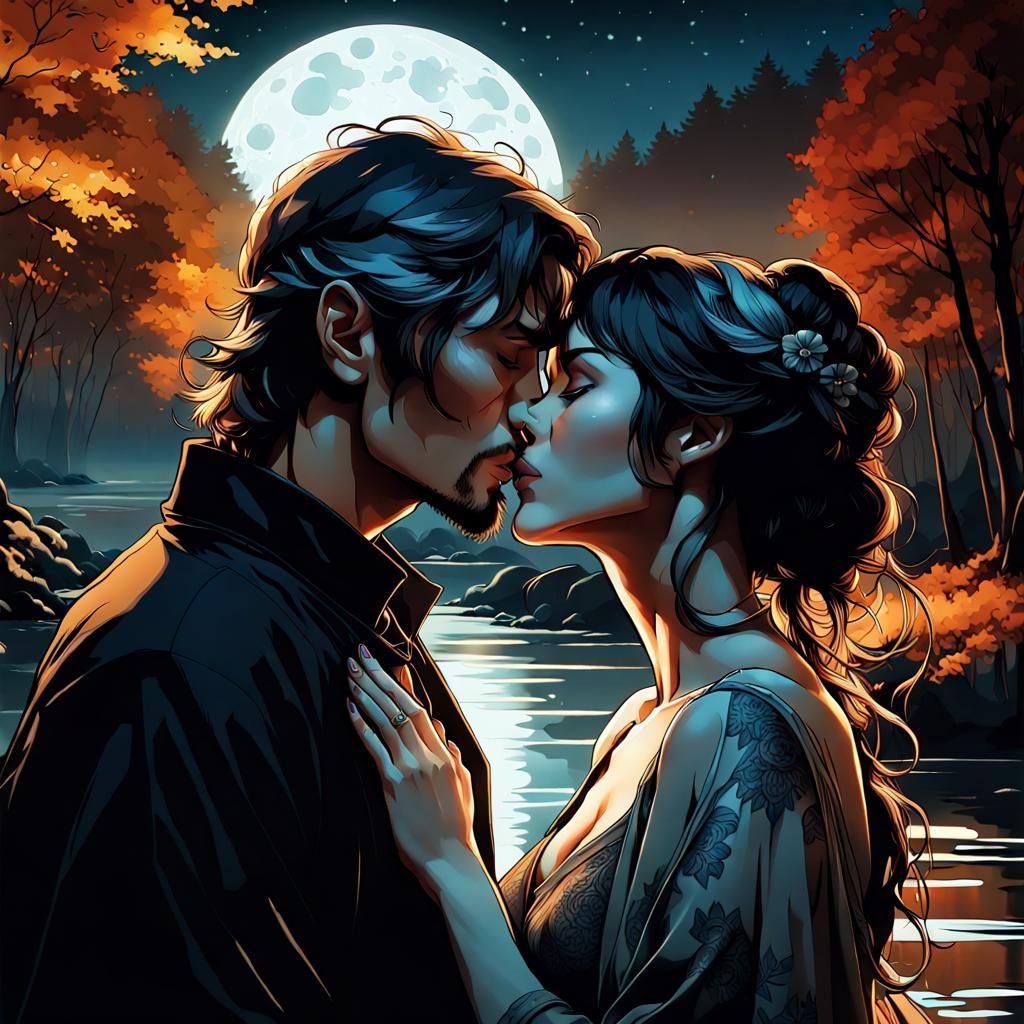 Romantic Moonlit Kiss: Art Nouveau Digital Art