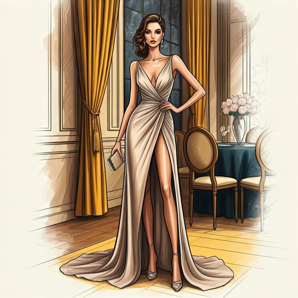 Elegant Evening Gown Sketch in Pastel Colors