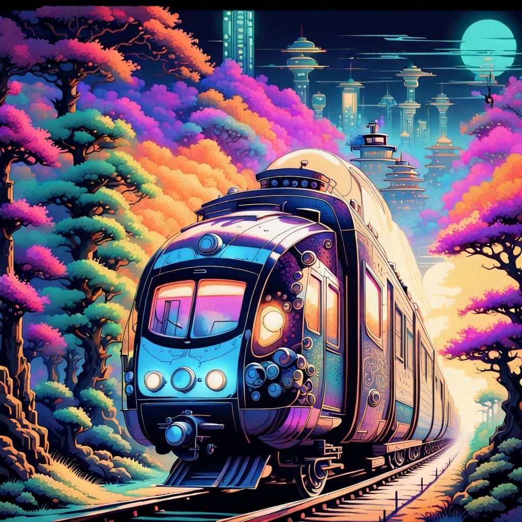 Steampunk Train in Cyberpunk Farmland: Chinese Ink Style