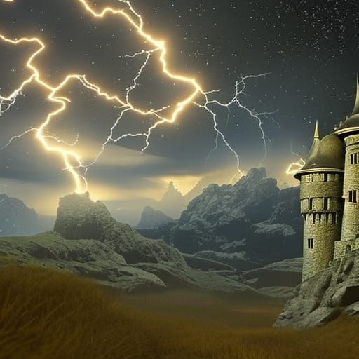 Dramatic Lightning Storm over Castle in Van Gogh Style
