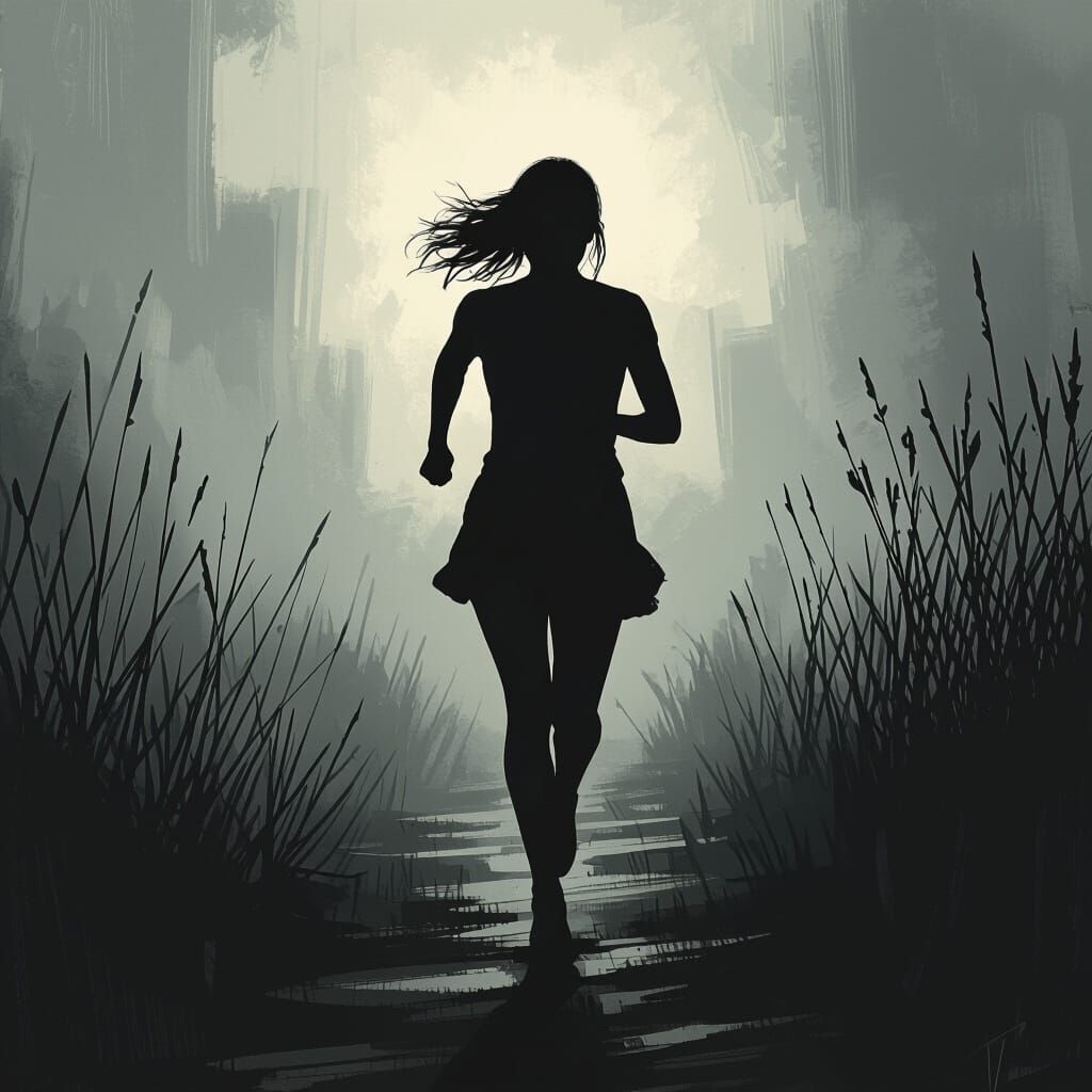 Woman Running in Shadows: Digital Painting Style