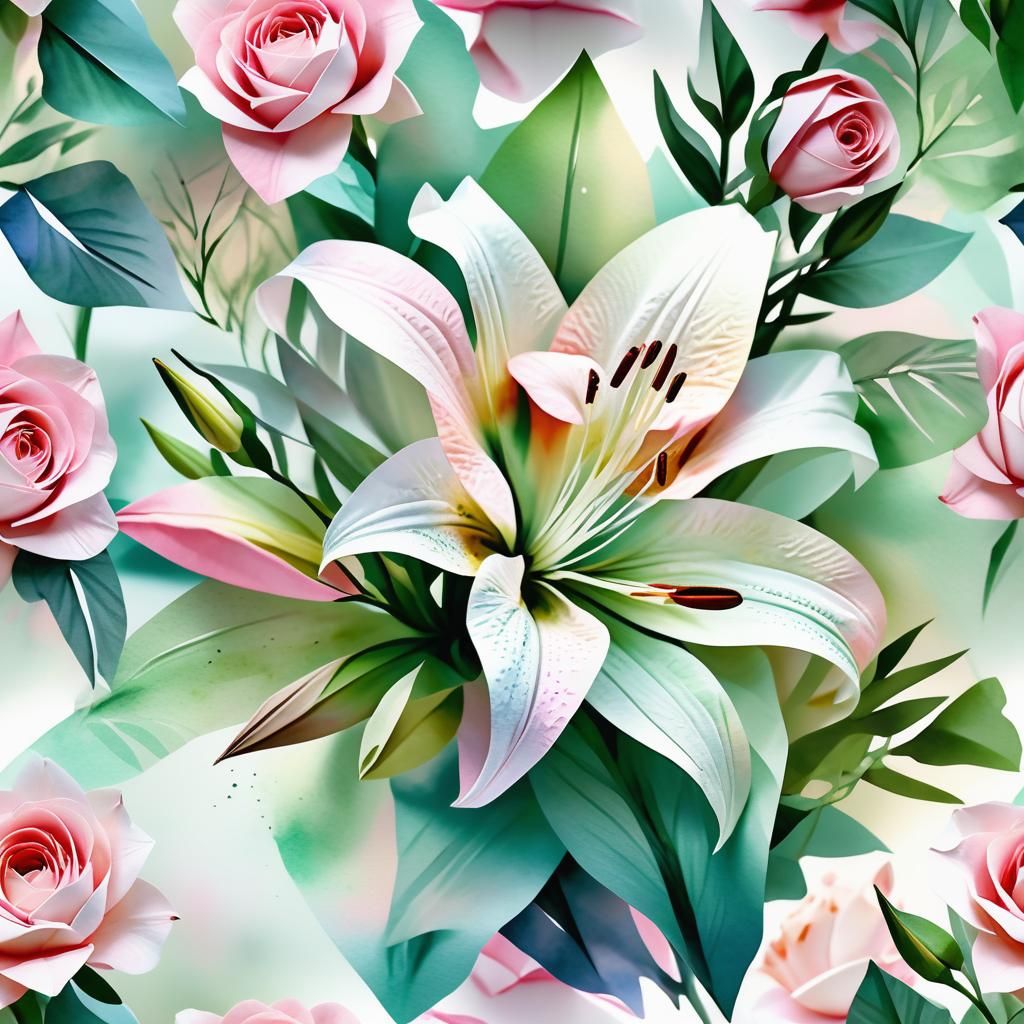 Lily Surrounded by Roses in Delicate Watercolor