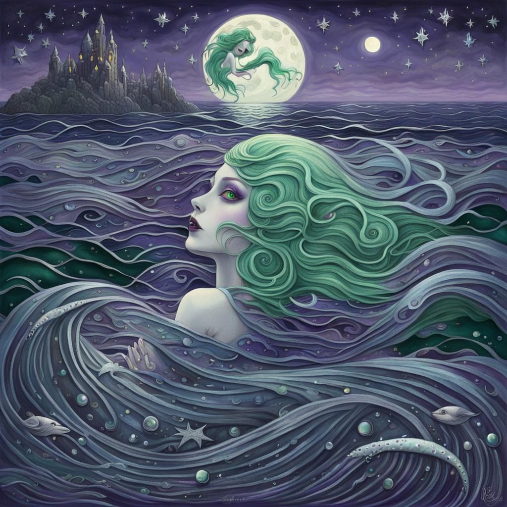Surreal Art Nouveau Mermaids Swimming Under the Moon