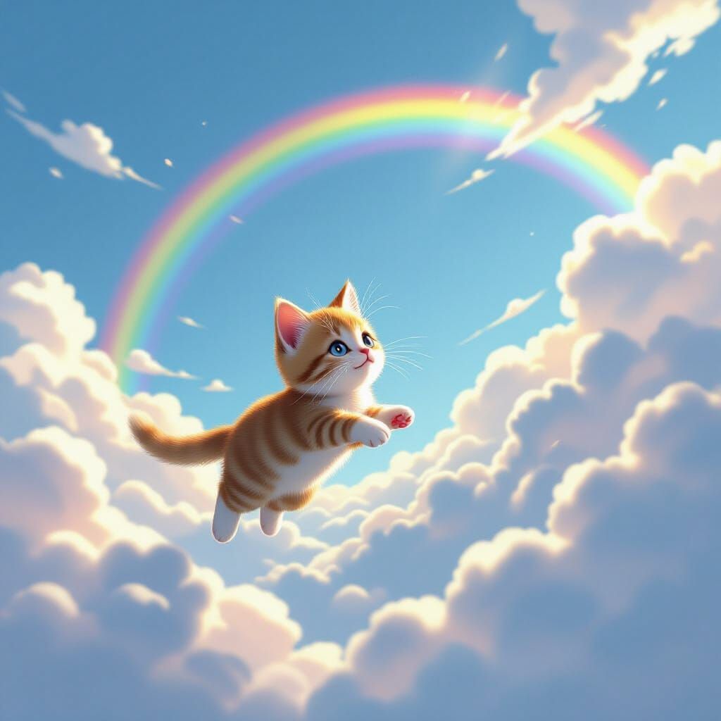 Kitten Flies Through Sky with Rainbow in Anime Style