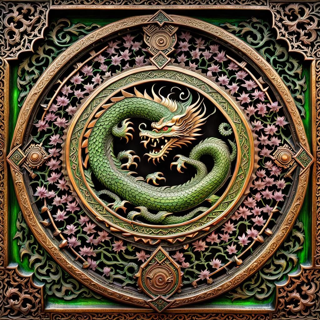 Ornate Copper Shield with Dragon and Wisteria