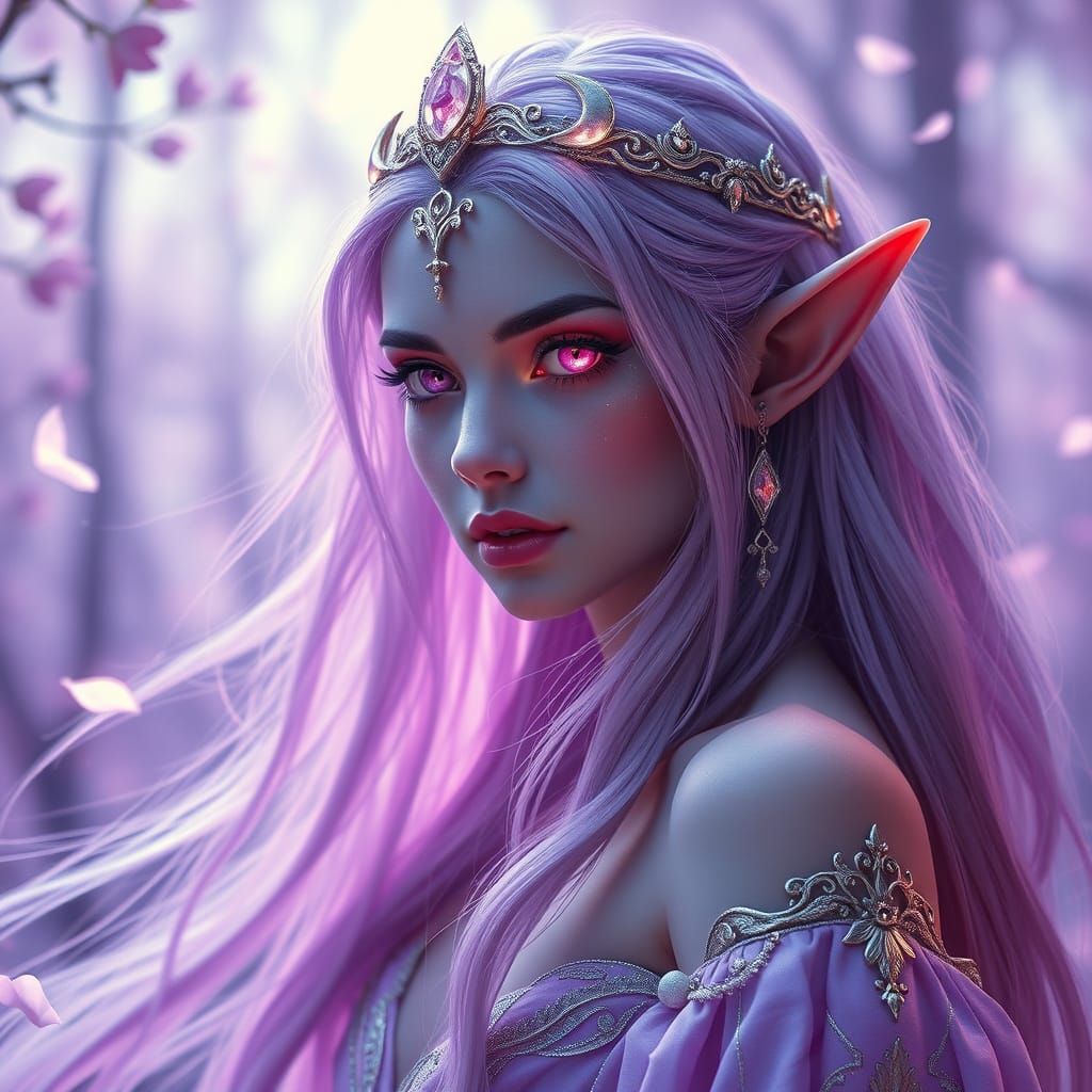 Ethereal Elf Goddess with Lavender Skin and Celestial Glow