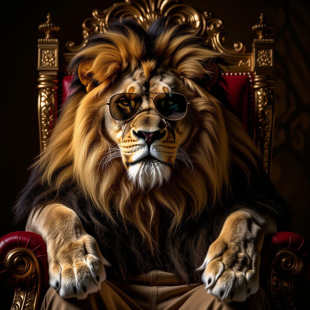 Majestic Lion in Sunglasses on Golden Throne, Cinematic Ligh...