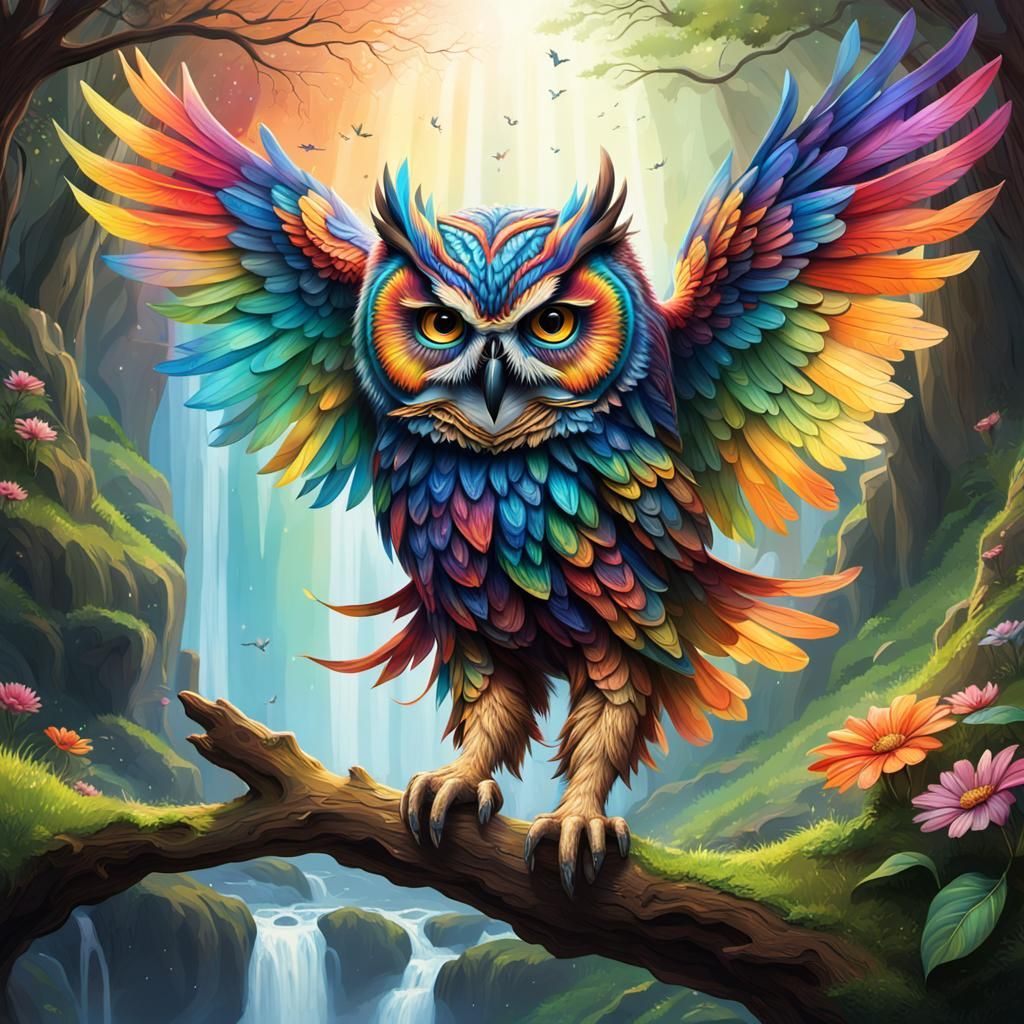 Rainbow Owl in Fairy Glen: Hyperrealistic Splash Art
