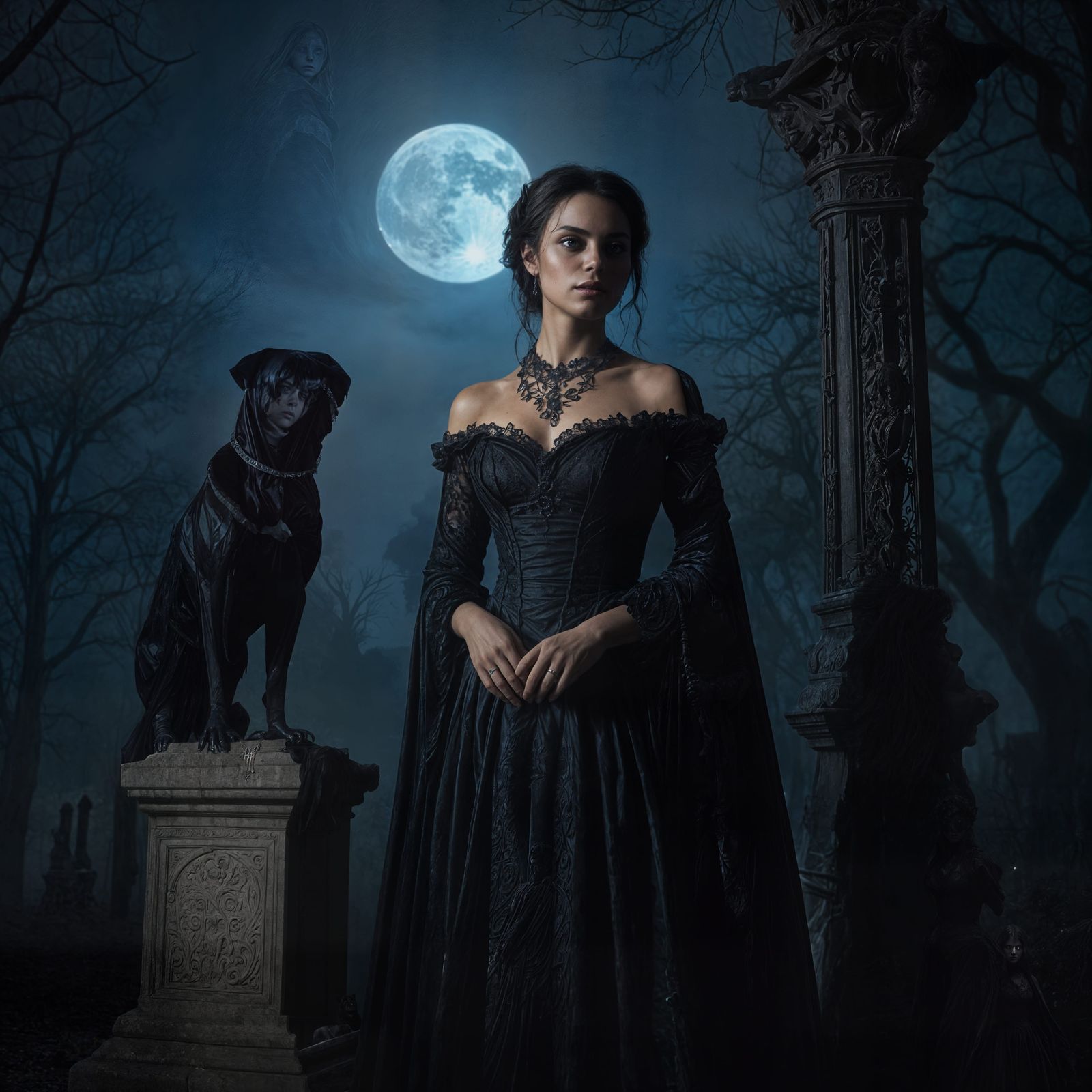 Moonlit Cemetery Portrait of Woman with Rottweiler