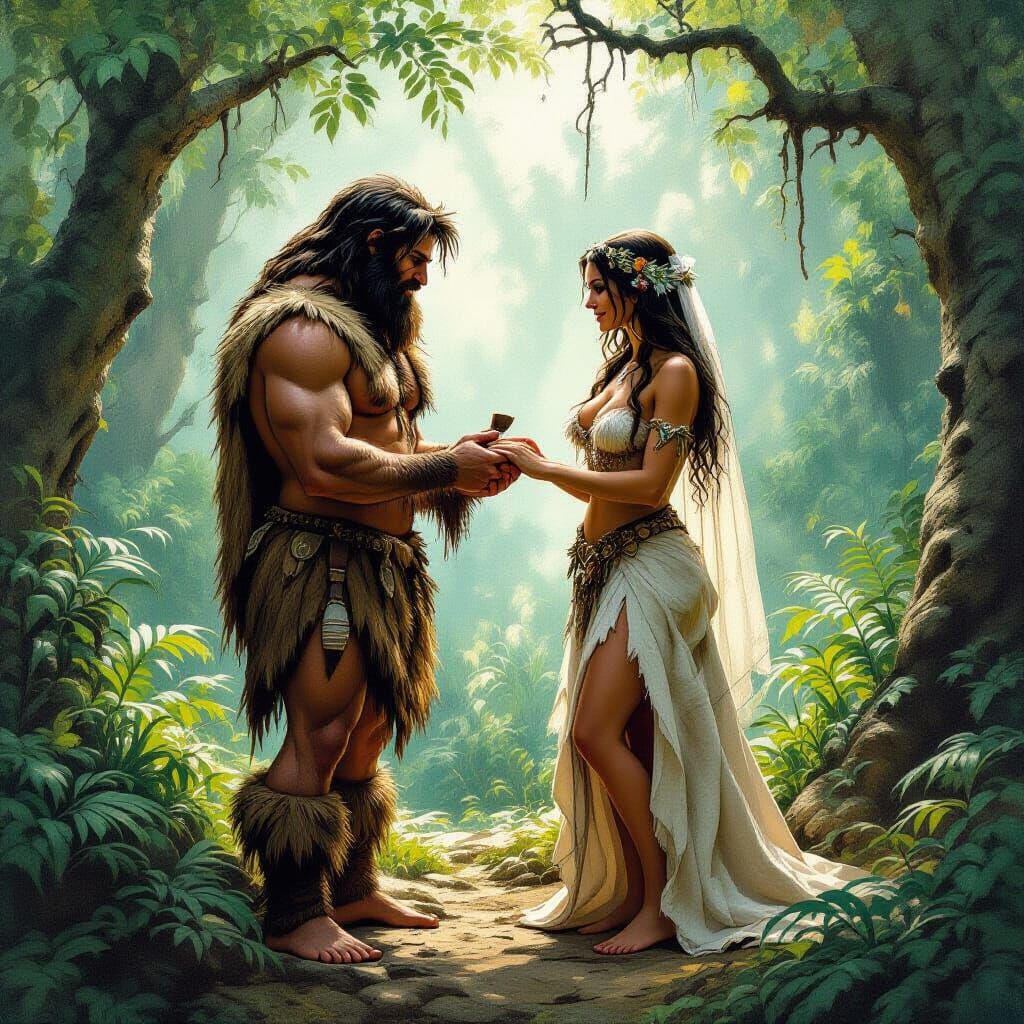 Caveman Wedding in Prehistoric Forest: Fantasy Art