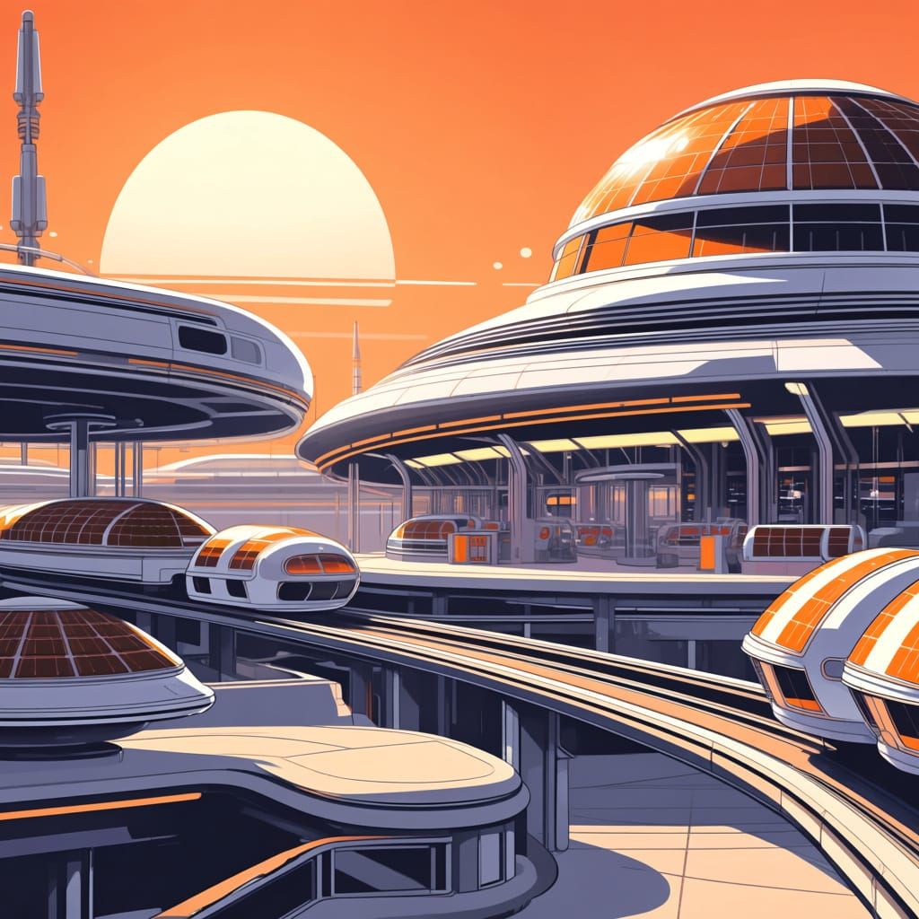 Retro-Futurist Transport Hub in Orange Sunlight
