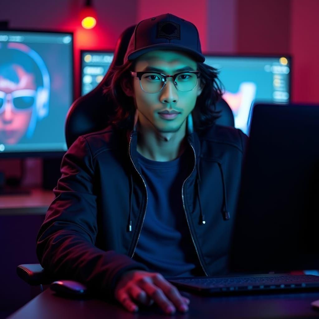 Handsome Malay Hacker in Gaming Setup: Cinematic Still