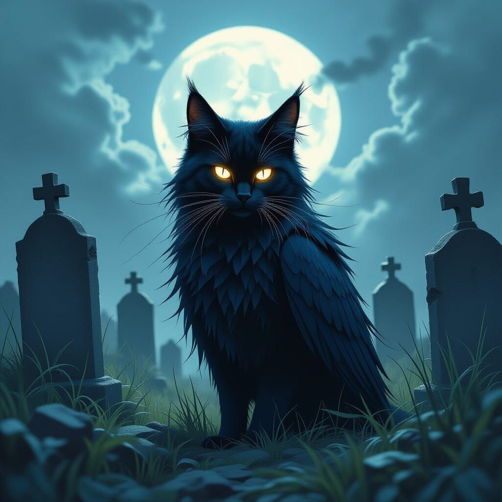 Ethereal Raven-Cat Hybrid in Moonlit Graveyard