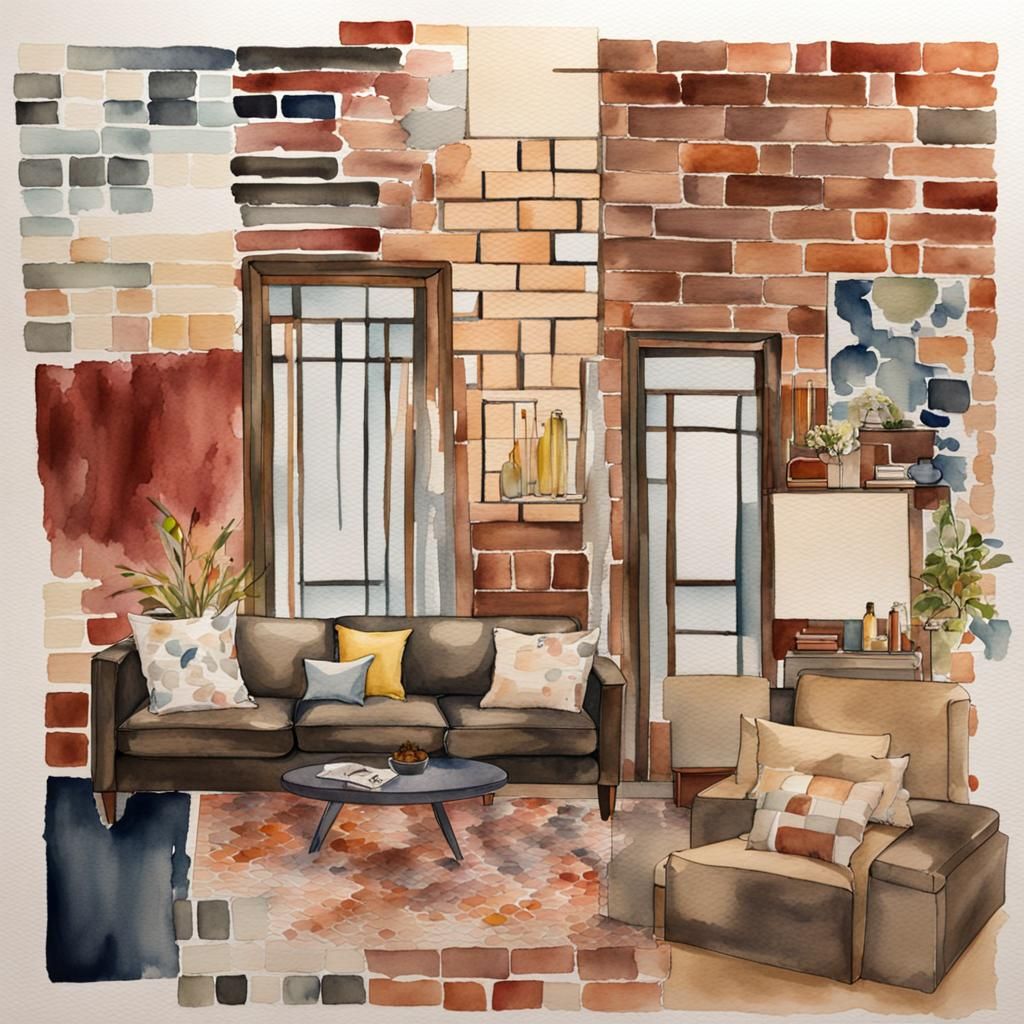 Watercolor Interior Design Mood Board with Mixed Textures