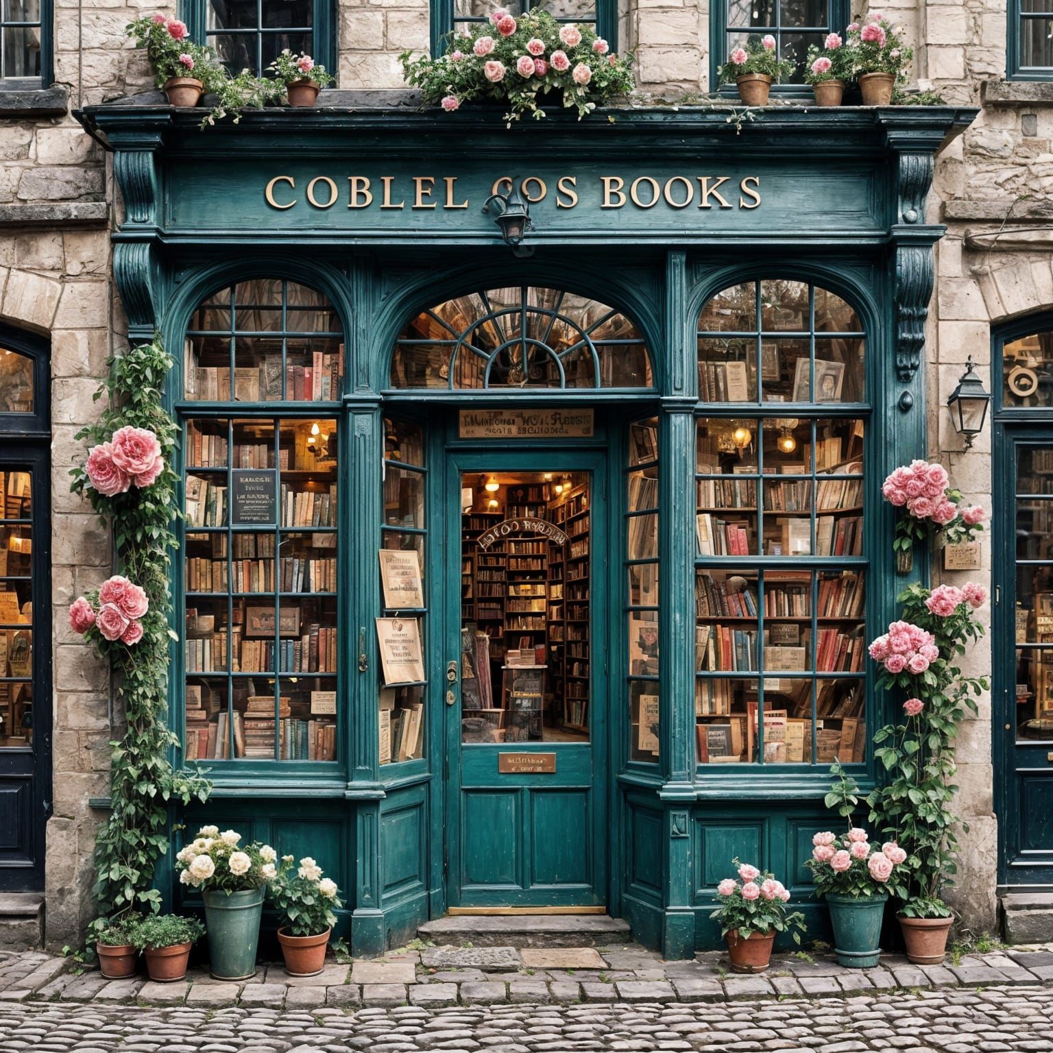 Charming Old-Fashioned Bookshop with Roses
