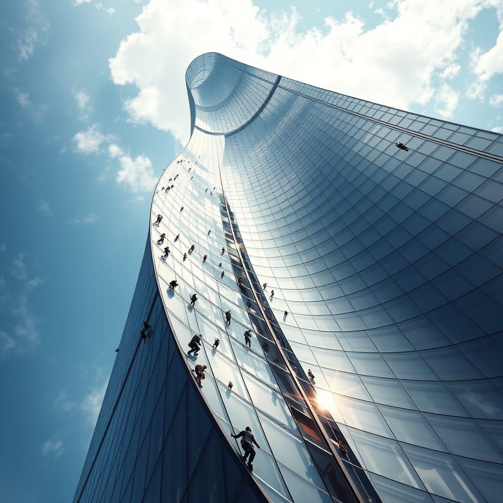 Towering Skyscraper Bending Gravity in Hyperrealistic Style