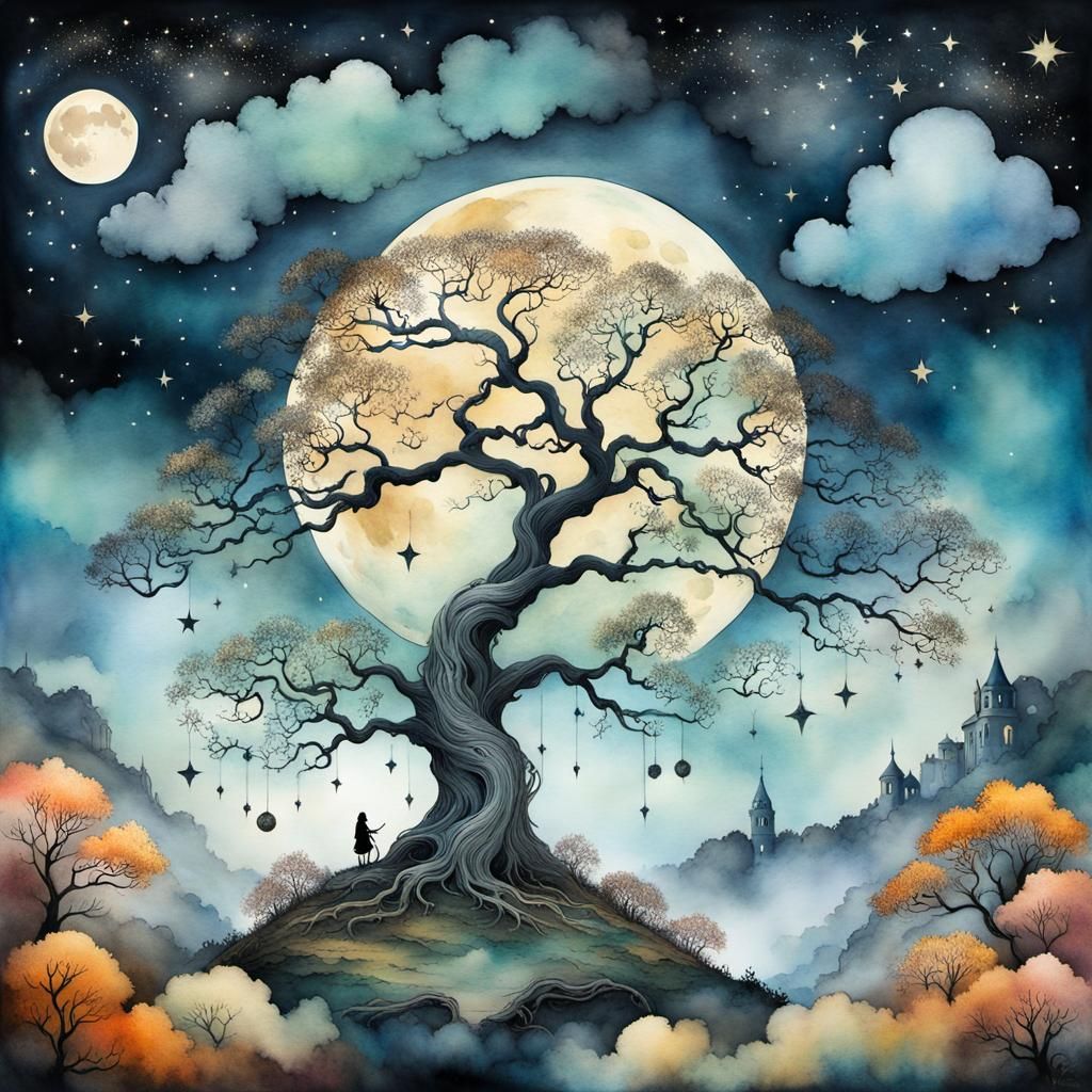 Mystic Oak Tree Under a Starry Moon in Watercolor