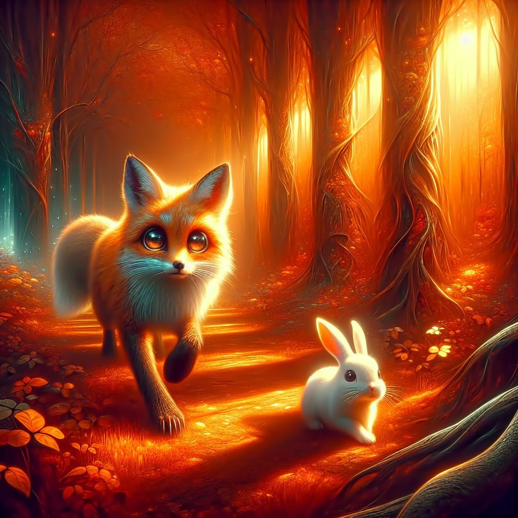 Fox Chasing Rabbit in Autumn Forest: Cinematic Fantasy