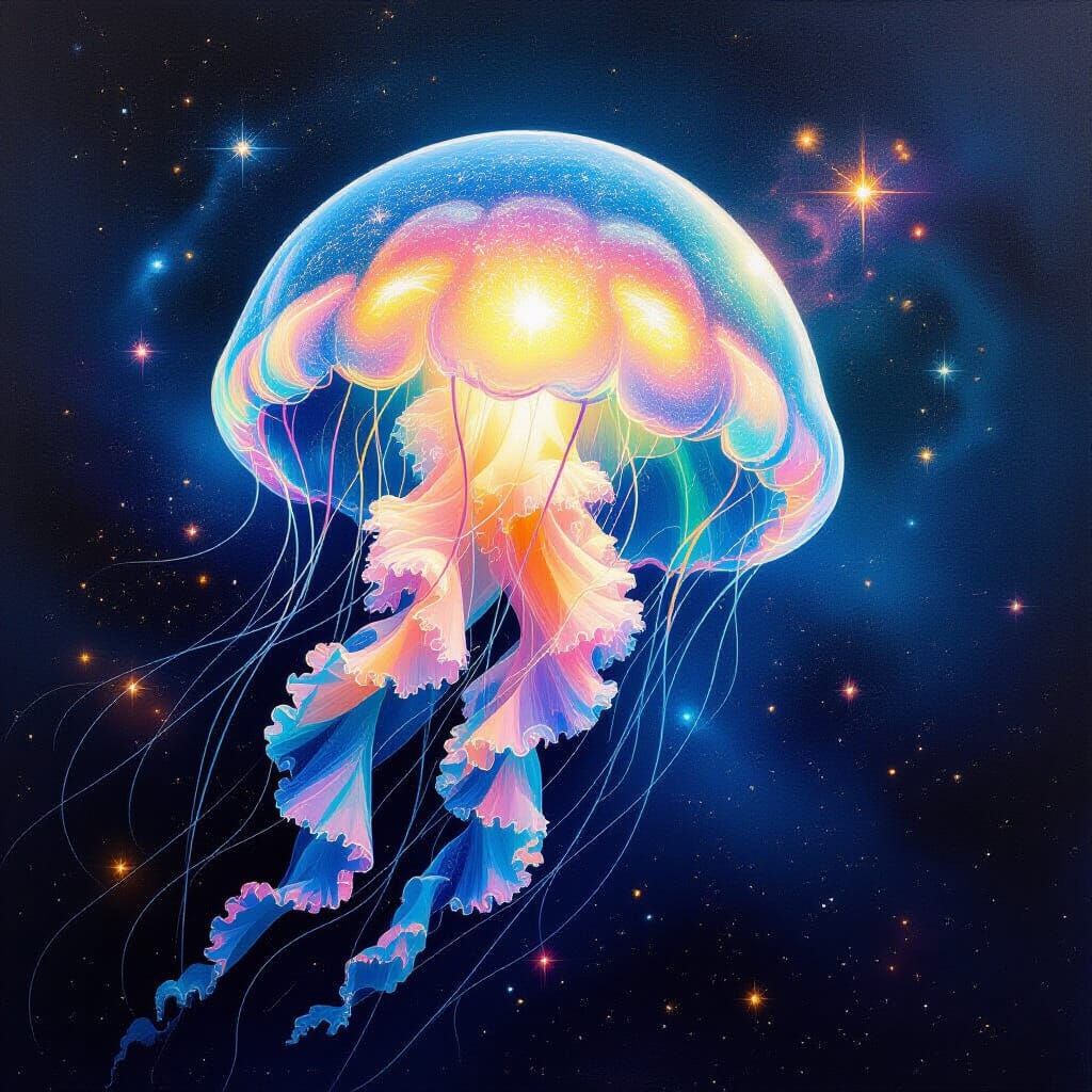 Bioluminescent Jellyfish Drifting Through Cosmic Nebula