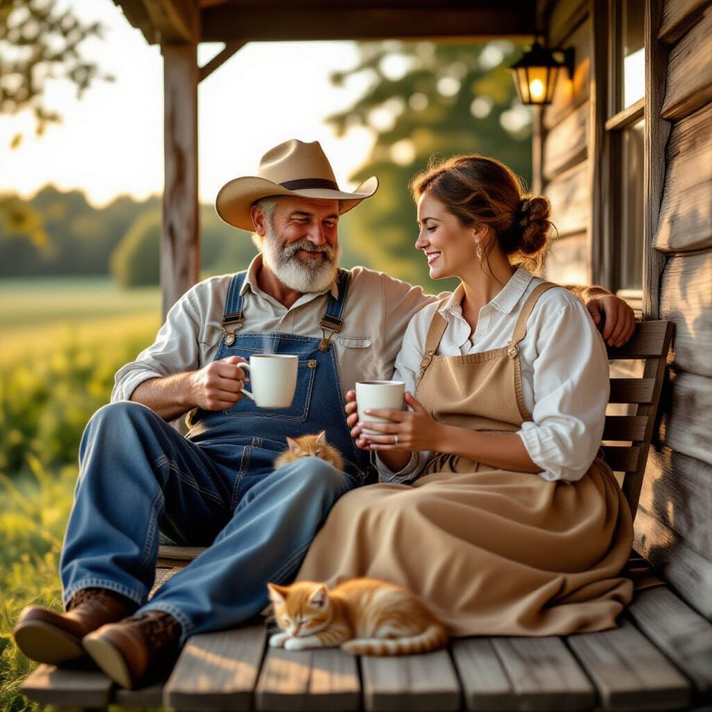 Couple Relaxing on Porch with Coffee and Kitten