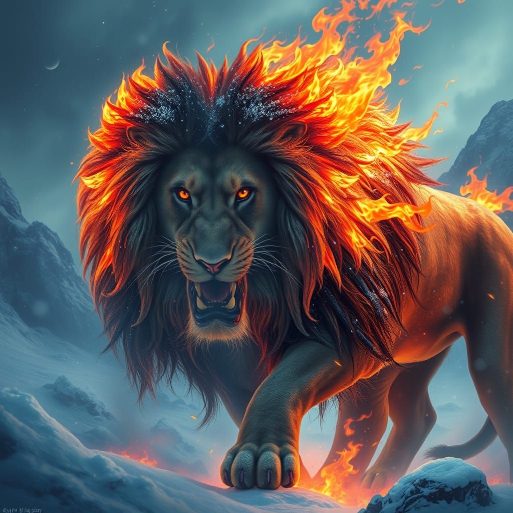 Regal Lion Battles Frosty Reflection in Fiery Mane