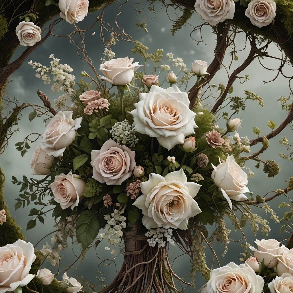 Lush Bridal Bouquet with Roses and Queen Anne's Lace