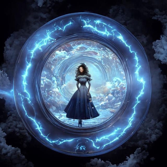 Steampunk Portal with Spiraling Vortex and Mystery Woman