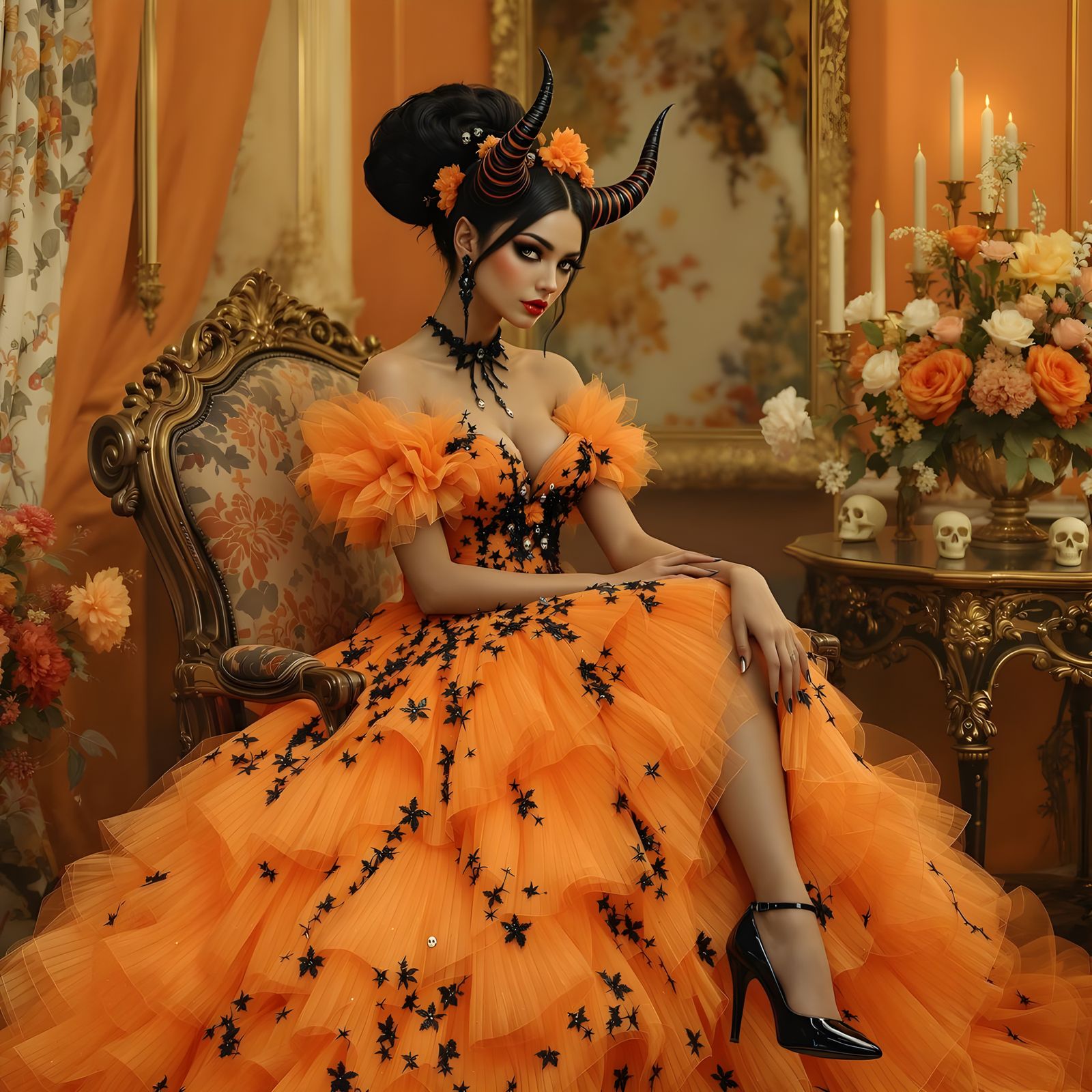 Elegant Demon Woman in Orange Tutu Gown