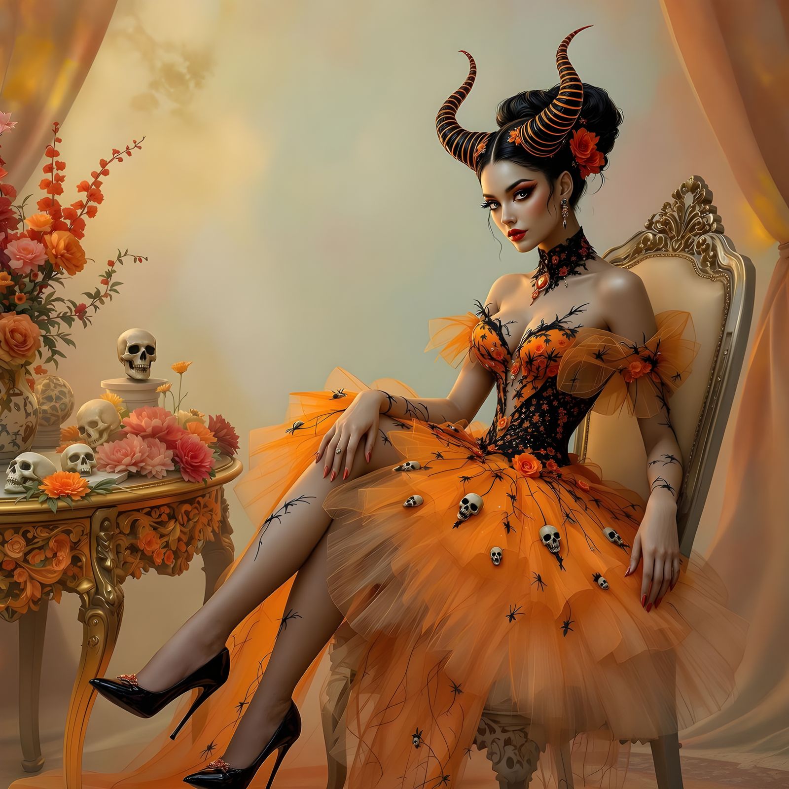 Elegant Demon Woman in Victorian-Inspired Attire