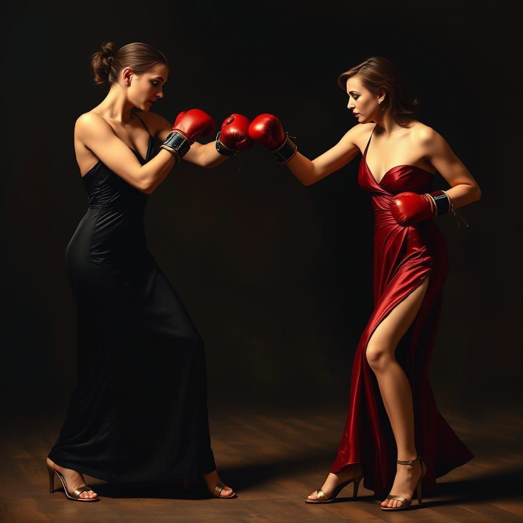 Elegant Women's Boxing Match: Caravaggio-Inspired Drama