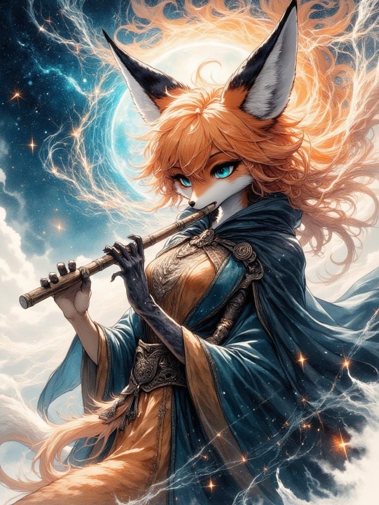 Anthro Fox Flautist by Moonlit River in Anime Style