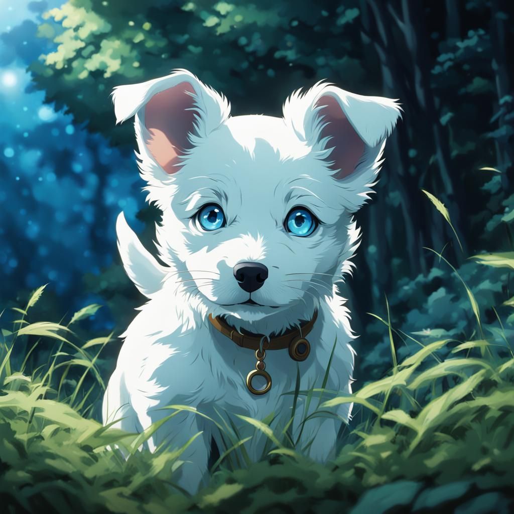 A beautiful white puppy with big blue eyes