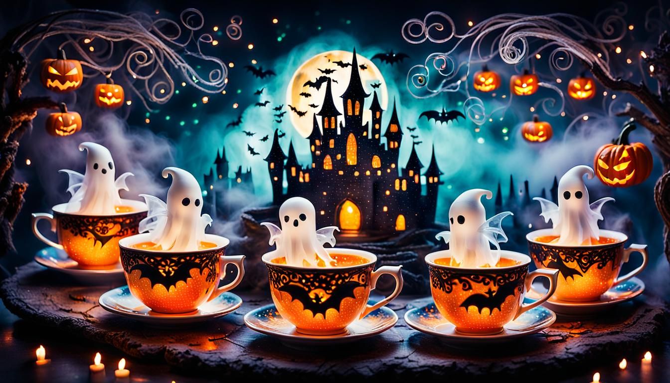 Halloween Tea Cups: Whimsical Mosaic Fantasy